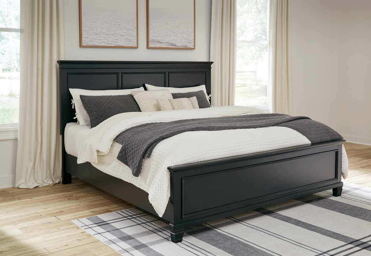 Lanolee King Panel Bed with Mirrored Dresser and Chest in Black from Ashley - Luna Furniture