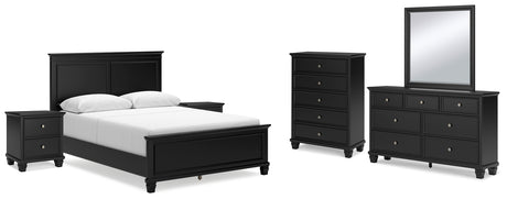 Lanolee Queen Panel Bed with Mirrored Dresser, Chest and 2 Nightstands in Black from Ashley - Luna Furniture
