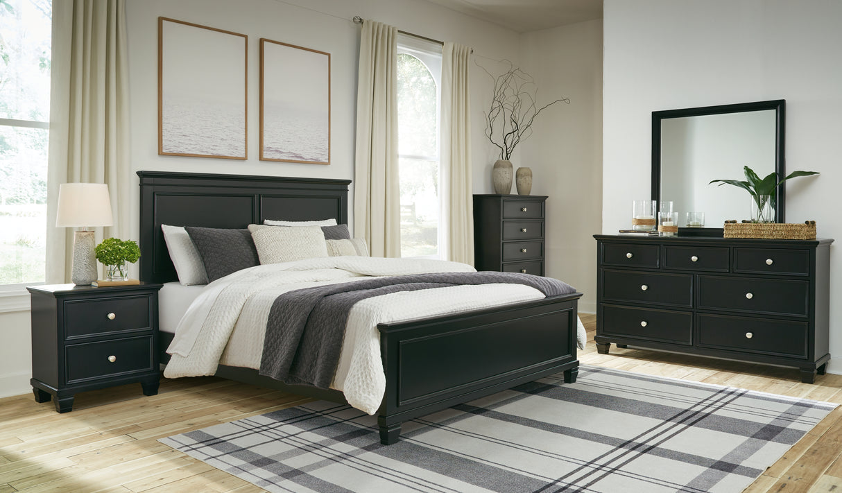 Lanolee Queen Panel Bed with Mirrored Dresser, Chest and 2 Nightstands in Black from Ashley - Luna Furniture