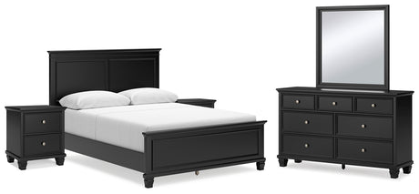 Lanolee Queen Panel Bed with Mirrored Dresser and 2 Nightstands in Black from Ashley - Luna Furniture