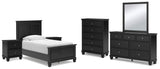 Lanolee Twin Panel Bed with Mirrored Dresser, Chest and 2 Nightstands in Black from Ashley - Luna Furniture