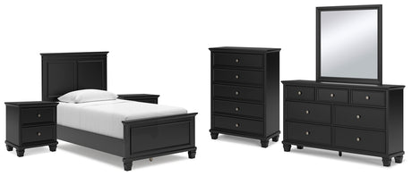 Lanolee Twin Panel Bed with Mirrored Dresser, Chest and 2 Nightstands in Black from Ashley - Luna Furniture