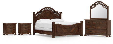 Lavinton California King Poster Bed with Mirrored Dresser and 2 Nightstands in Brown from Ashley - Luna Furniture