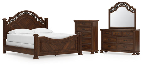 Lavinton California King Poster Bed with Mirrored Dresser and Chest in Brown from Ashley - Luna Furniture