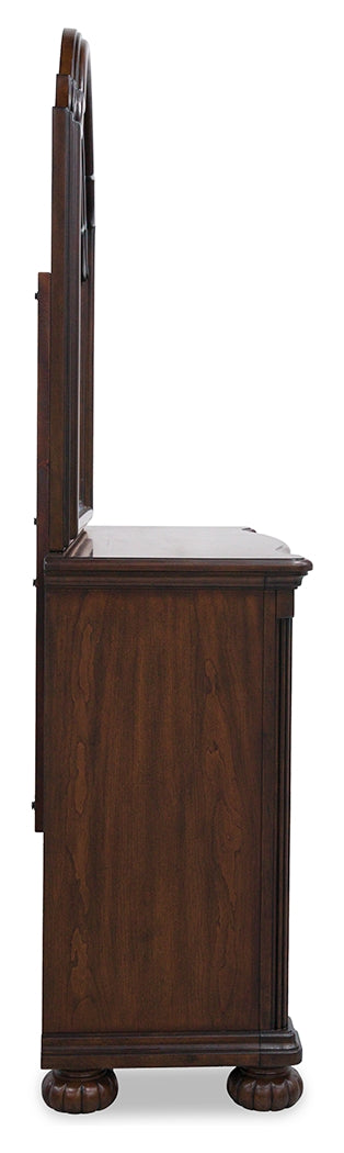 Lavinton Queen Poster Bed with Mirrored Dresser and 2 Nightstands in Brown from Ashley - Luna Furniture