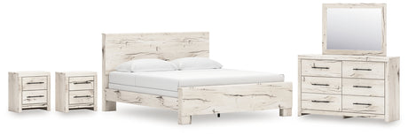 Lawroy King Panel Bed with Mirrored Dresser and 2 Nightstands in Light Natural from Ashley - Luna Furniture