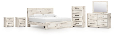 Lawroy King Panel Storage Bed with Mirrored Dresser, Chest and 2 Nightstands in Light Natural from Ashley - Luna Furniture