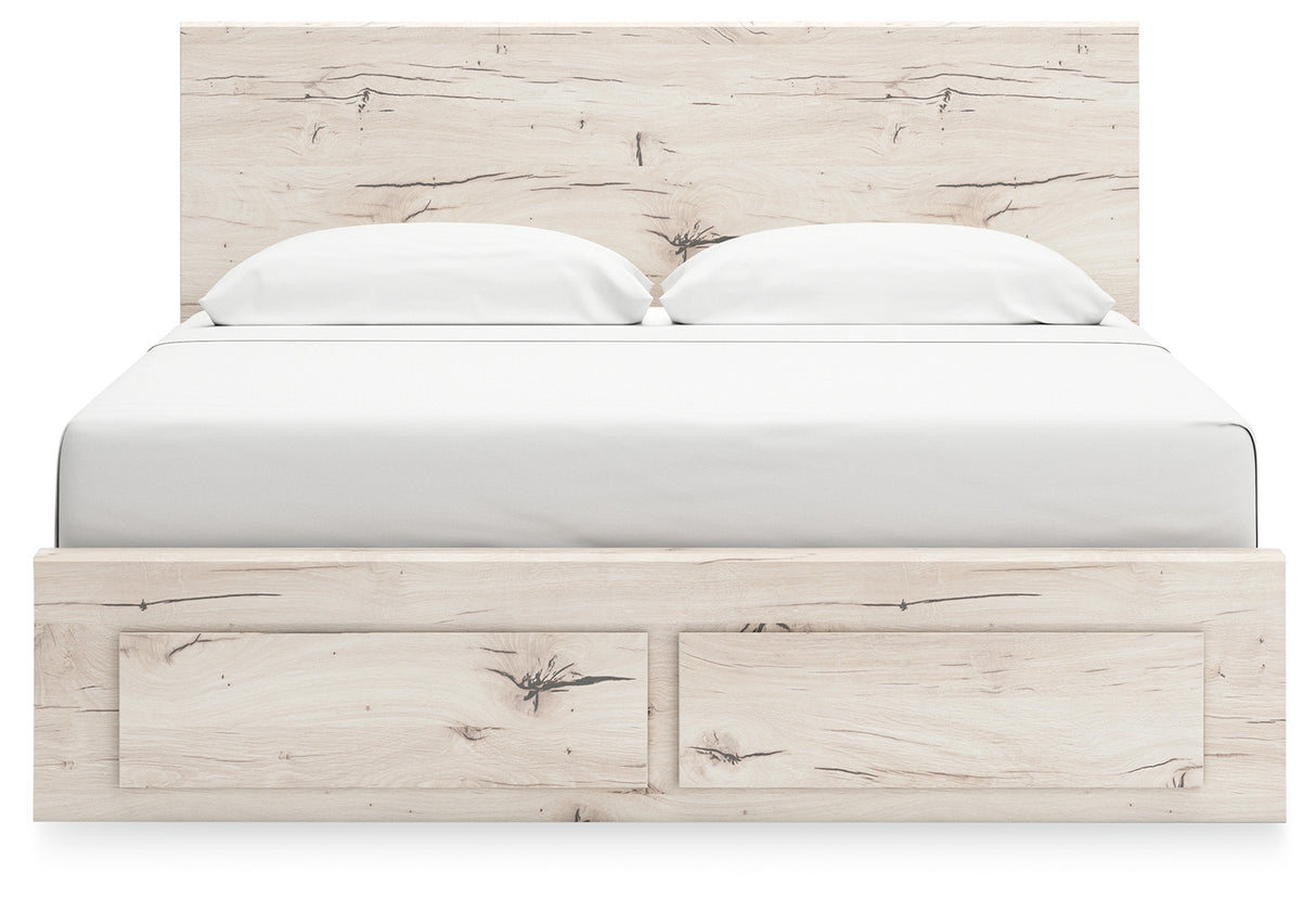 Lawroy King Panel Storage Bed with Mirrored Dresser and Chest in Light Natural from Ashley - Luna Furniture