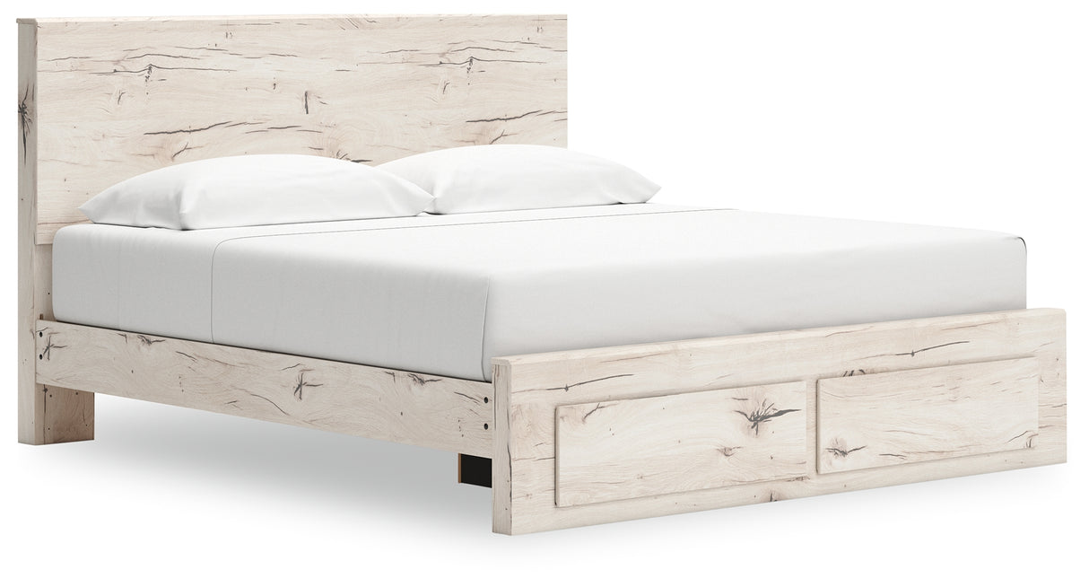 Lawroy King Panel Storage Bed with Mirrored Dresser and Nightstand in Light Natural from Ashley Furniture - Luna Furniture