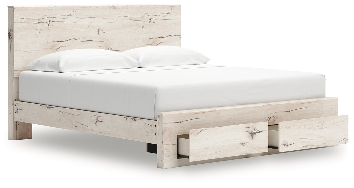 Lawroy King Panel Storage Bed with Mirrored Dresser and Nightstand in Light Natural from Ashley Furniture - Luna Furniture