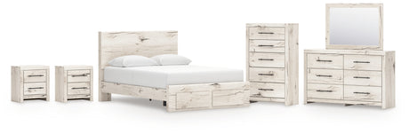 Lawroy Queen Panel Storage Bed with Mirrored Dresser, Chest and 2 Nightstands in Light Natural from Ashley - Luna Furniture