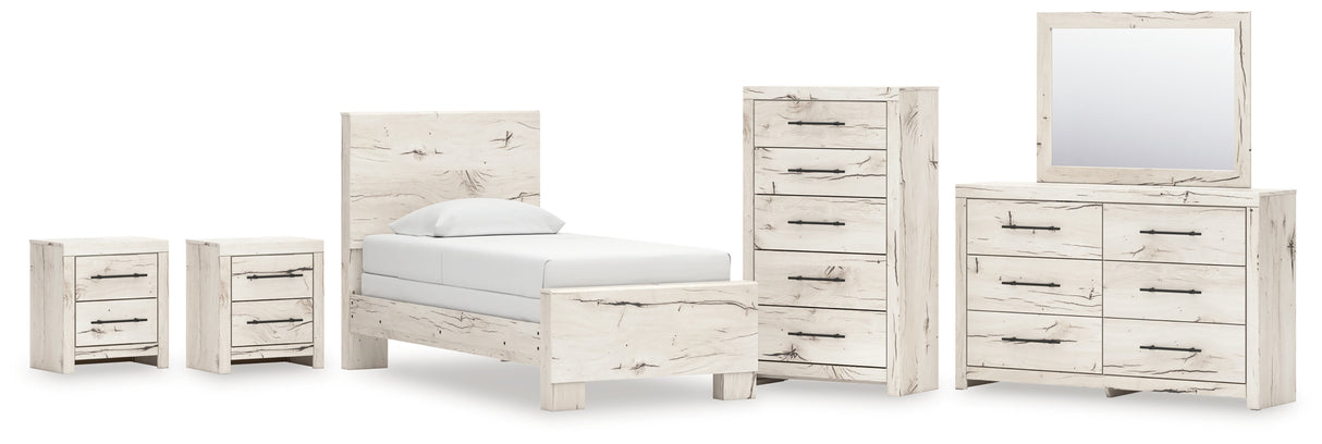 Lawroy Twin Panel Bed with Mirrored Dresser, Chest and 2 Nightstands in Light Natural from Ashley - Luna Furniture