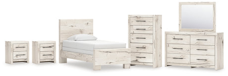 Lawroy Twin Panel Bed with Mirrored Dresser, Chest and 2 Nightstands in Light Natural from Ashley - Luna Furniture