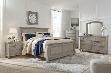 Lettner California King Panel Bed with Mirrored Dresser, Chest and 2 Nightstands in Light Gray from Ashley - Luna Furniture