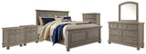 Lettner King Panel Bed with Mirrored Dresser, Chest and 2 Nightstands in Light Gray from Ashley Furniture - Luna Furniture