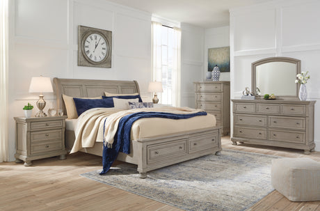 Lettner King Sleigh Bed with 2 Storage Drawers with Mirrored Dresser, Chest and 2 Nightstands in Light Gray from Ashley - Luna Furniture