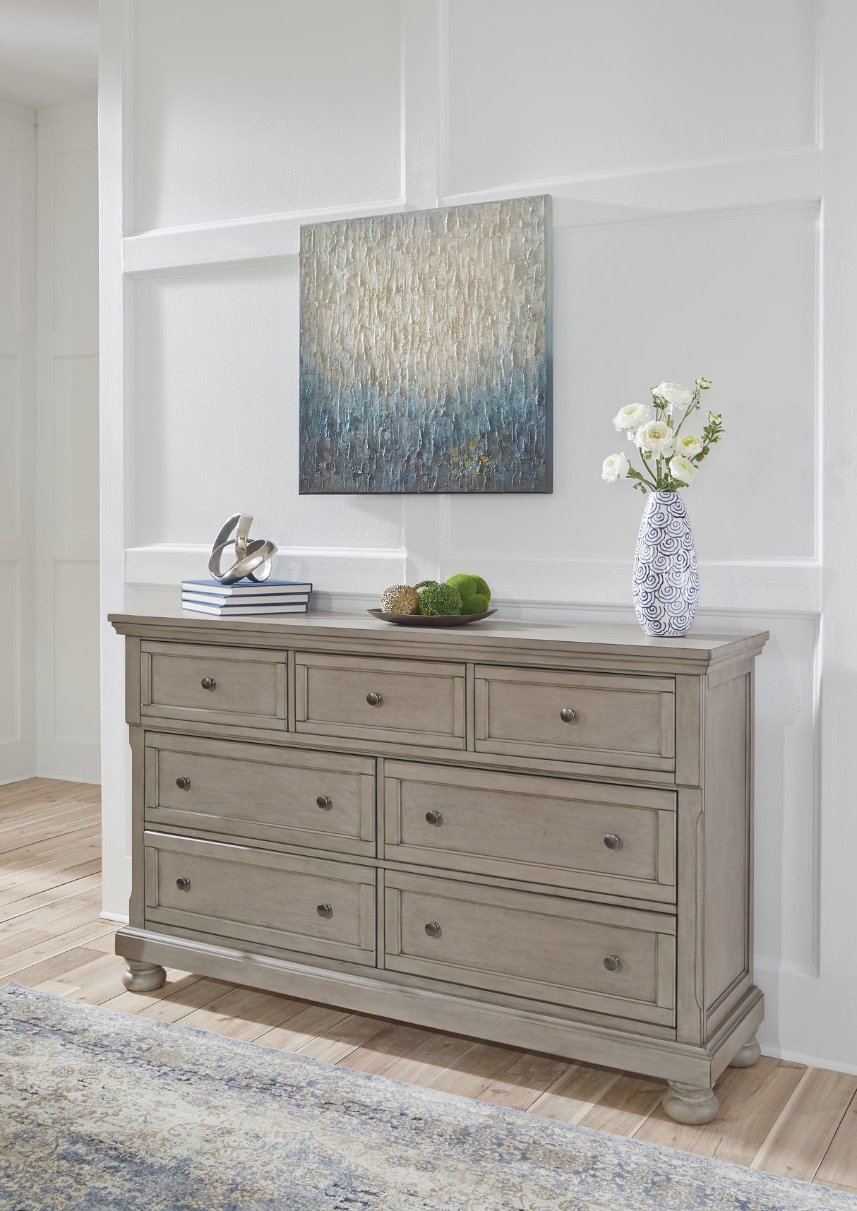 Lettner Light Gray California King Panel Bed, Dresser, Chest and 2 Nightstands from Ashley Furniture - Luna Furniture