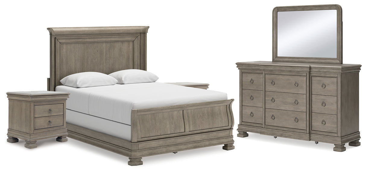 Lexorne Queen Sleigh Bed with Mirrored Dresser and 2 Nightstands in Gray from Ashley - Luna Furniture