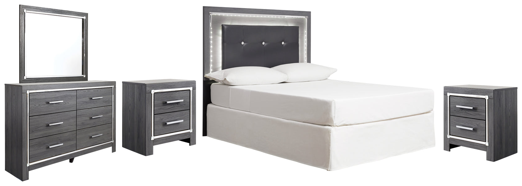Lodanna Full Upholstered Panel Headboard Bed with Mirrored Dresser and 2 Nightstands in Gray from Ashley - Luna Furniture