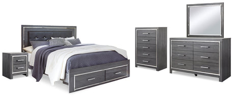 Lodanna King Panel Bed with 2 Storage Drawers with Mirrored Dresser, Chest and 2 Nightstands in Gray from Ashley Furniture - Luna Furniture