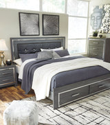 Lodanna King Panel Bed with 2 Storage Drawers with Mirrored Dresser and Nightstand in Gray from Ashley - Luna Furniture