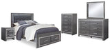 Lodanna Queen Panel Bed with 2 Storage Drawers with Mirrored Dresser, Chest and 2 Nightstands in Gray from Ashley - Luna Furniture