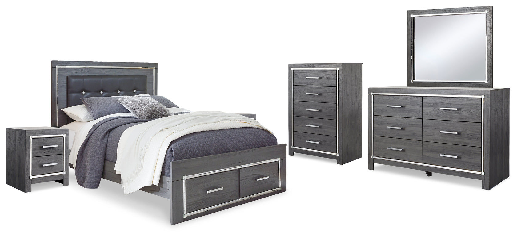 Lodanna Queen Panel Bed with 2 Storage Drawers with Mirrored Dresser, Chest and 2 Nightstands in Gray from Ashley - Luna Furniture