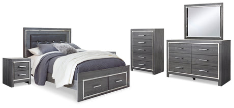 Lodanna Queen Panel Bed with 2 Storage Drawers with Mirrored Dresser, Chest and 2 Nightstands in Gray from Ashley - Luna Furniture