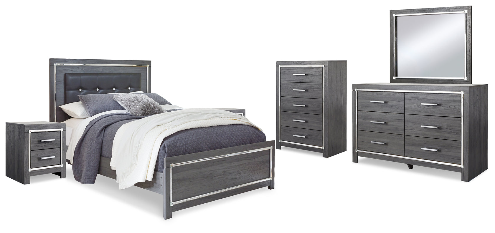 Lodanna Queen Panel Bed with Mirrored Dresser, Chest and 2 Nightstands in Gray from Ashley - Luna Furniture