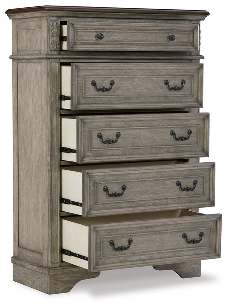 Lodenbay California King Panel Bed with Mirrored Dresser, Chest and Nightstand in Antique Gray from Ashley - Luna Furniture