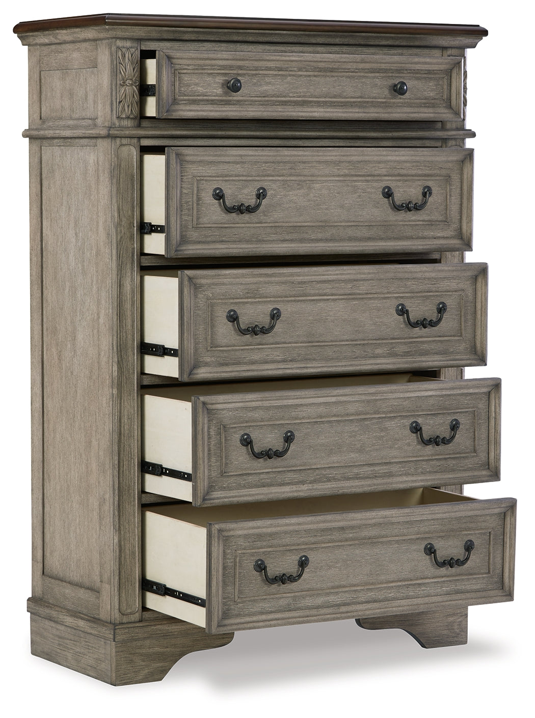 Lodenbay California King Panel Bed with Mirrored Dresser and Chest in Antique Gray from Ashley - Luna Furniture