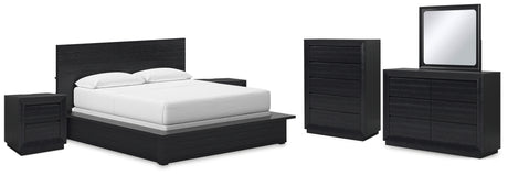 Londer California King Panel Bed with Mirrored Dresser, Chest and 2 Nightstands in Black from Ashley - Luna Furniture