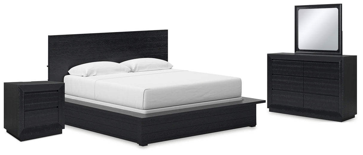 Londer King Panel Bed with Mirrored Dresser and Nightstand in Black from Ashley - Luna Furniture