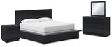 Londer King Panel Bed with Mirrored Dresser and Nightstand in Black from Ashley - Luna Furniture
