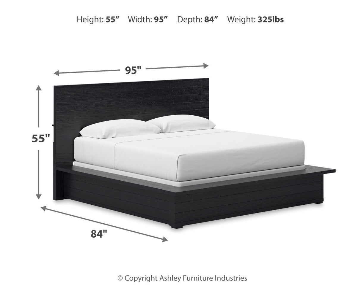 Londer King Panel Bed with Mirrored Dresser and Nightstand in Black from Ashley - Luna Furniture