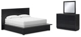 Londer King Panel Bed with Mirrored Dresser in Black from Ashley - Luna Furniture