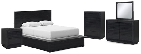 Londer Queen Panel Bed with Mirrored Dresser, Chest and Nightstand in Black from Ashley - Luna Furniture