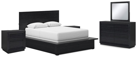 Londer Queen Panel Bed with Mirrored Dresser and 2 Nightstands in Black from Ashley - Luna Furniture