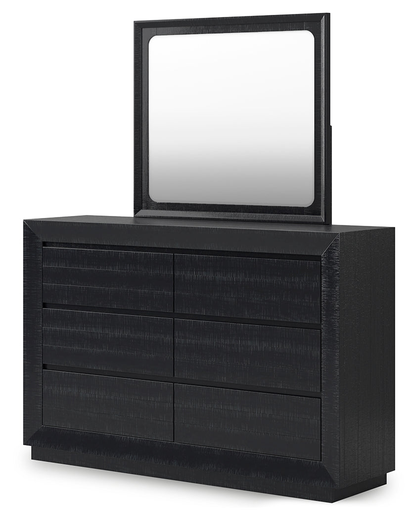 Londer Queen Panel Bed with Mirrored Dresser and 2 Nightstands in Black from Ashley - Luna Furniture