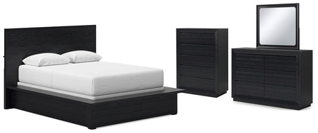 Londer Queen Panel Bed with Mirrored Dresser and Chest in Black from Ashley - Luna Furniture