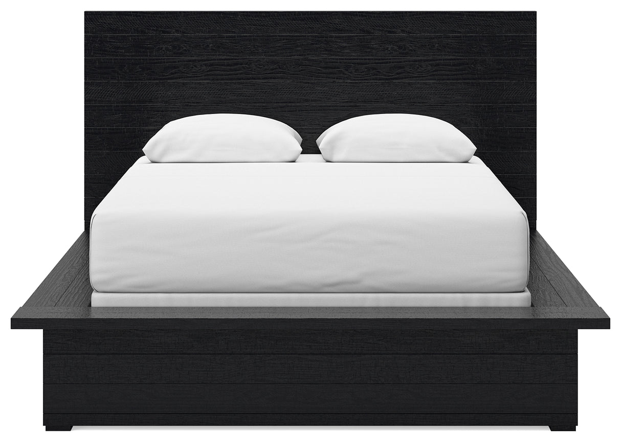 Londer Queen Panel Bed with Mirrored Dresser and Nightstand in Black from Ashley - Luna Furniture