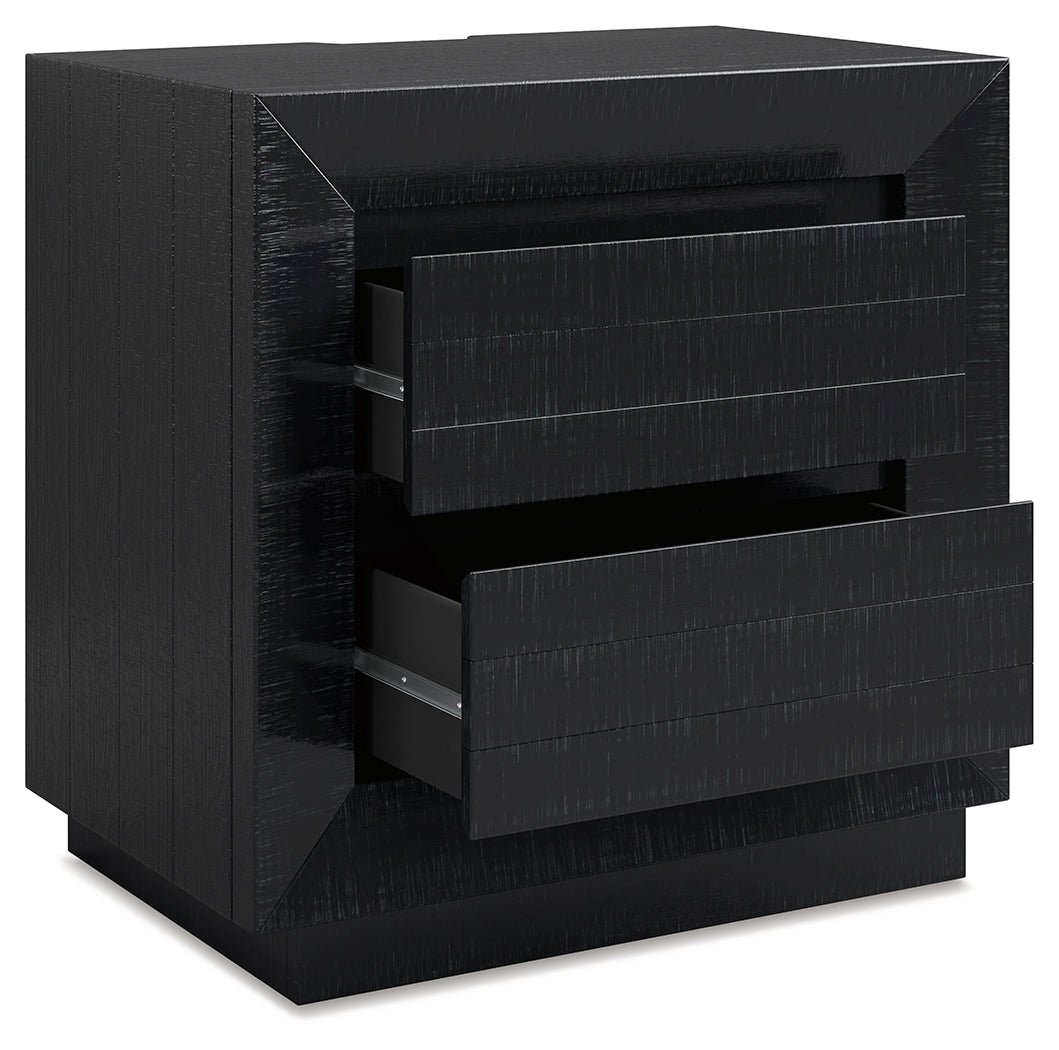 Londer Queen Panel Bed with Mirrored Dresser and Nightstand in Black from Ashley - Luna Furniture
