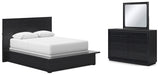 Londer Queen Panel Bed with Mirrored Dresser in Black from Ashley - Luna Furniture