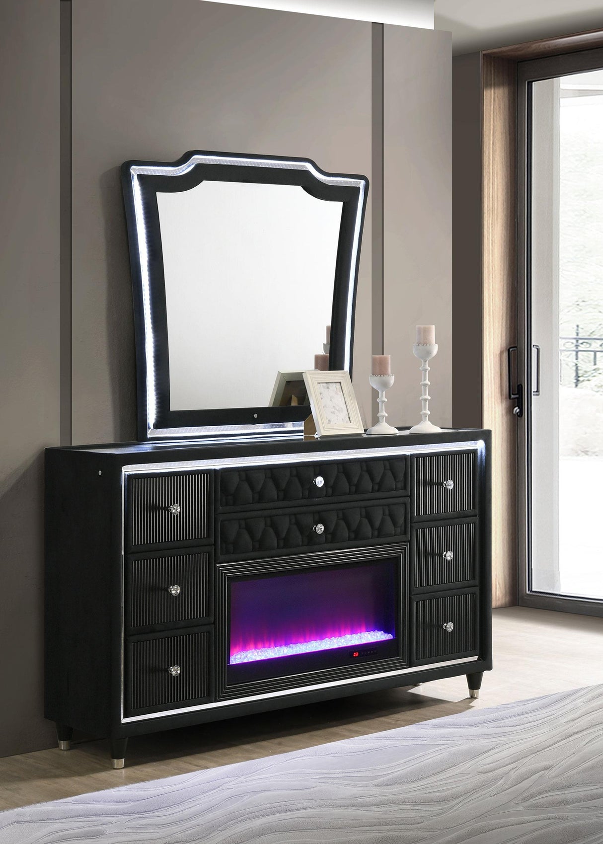 Lorient Black 8-Drawer LED Flame Box Dresser and Mirror from Coaster - Luna Furniture