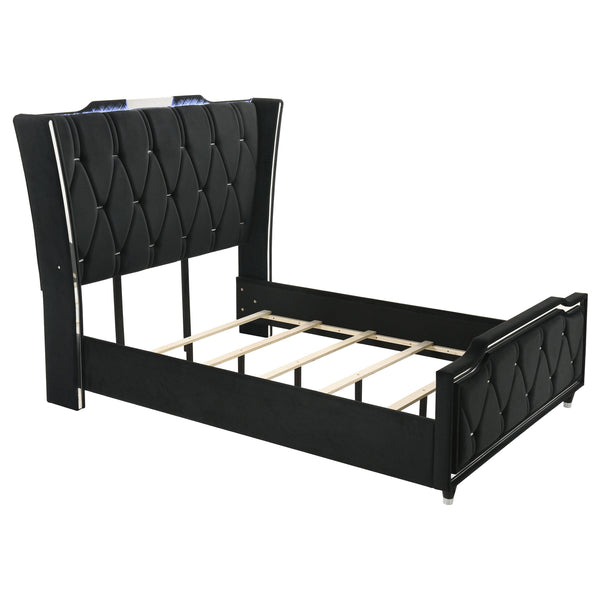 Lorient Black Queen LED Upholstered Wingback Bed