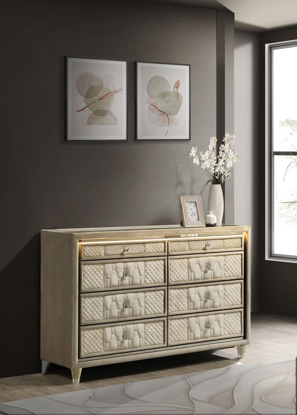 Lorient 8-Drawer LED Bedroom Dresser Cabinet Ivory and Camel