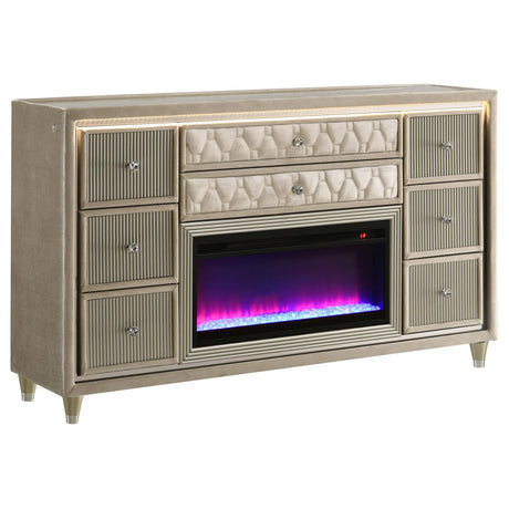 Lorient Ivory and Camel 8-Drawer LED Bedroom Flame Box Dresser from Coaster - Luna Furniture