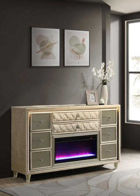 Lorient Ivory and Camel 8-Drawer LED Bedroom Flame Box Dresser from Coaster - Luna Furniture