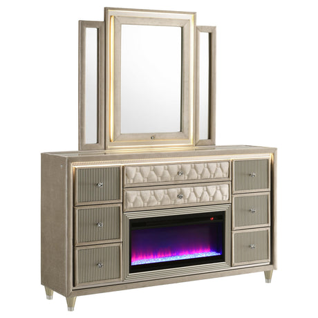 Lorient Ivory and Camel 8-Drawer LED Flame Box Dresser and Mirror from Coaster - Luna Furniture