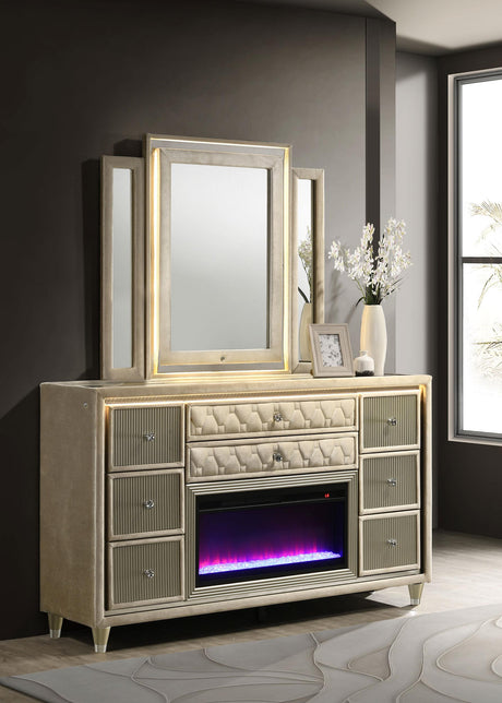 Lorient Ivory and Camel 8-Drawer LED Flame Box Dresser and Mirror from Coaster - Luna Furniture